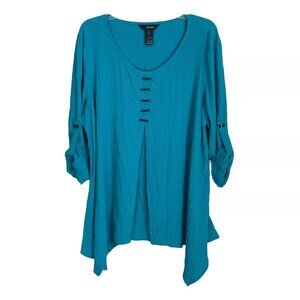 Ali Miles Teal Roll Tab Sleeve Dip Hem Tunic Art to Wear Artsy